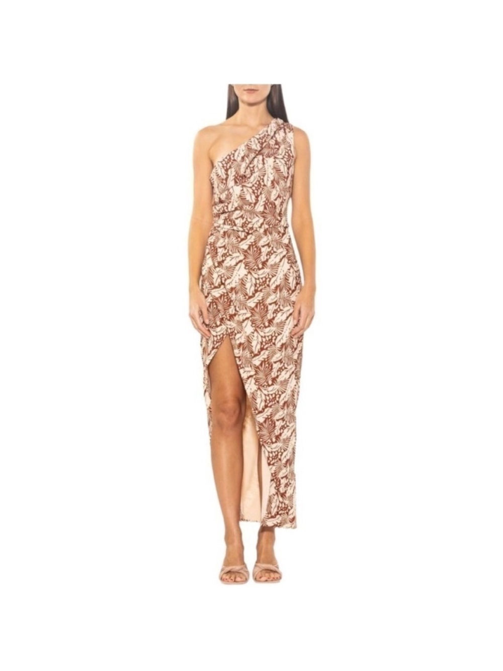 NWT ALEXIA ADMOR Alexia Leaf-Print Draped One-Shoulder Slit size 14 summertime